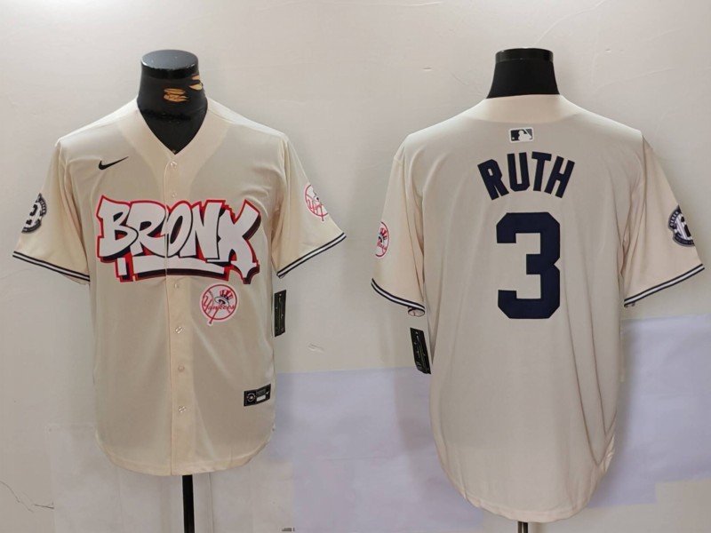 Men New York Yankees #3 Ruth Cream joint name 2024 Nike MLB Jersey style 3->new york yankees->MLB Jersey